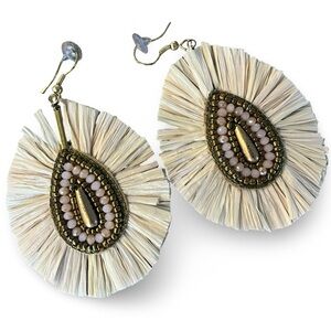 Gold and Cream Raffia Beaded Teardrop Earrings